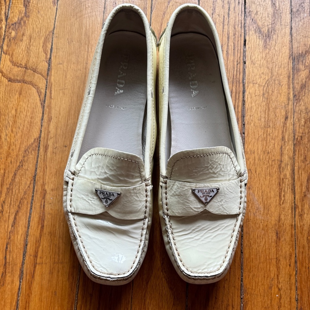 Prada Women's Cream Patent Leather Loafers